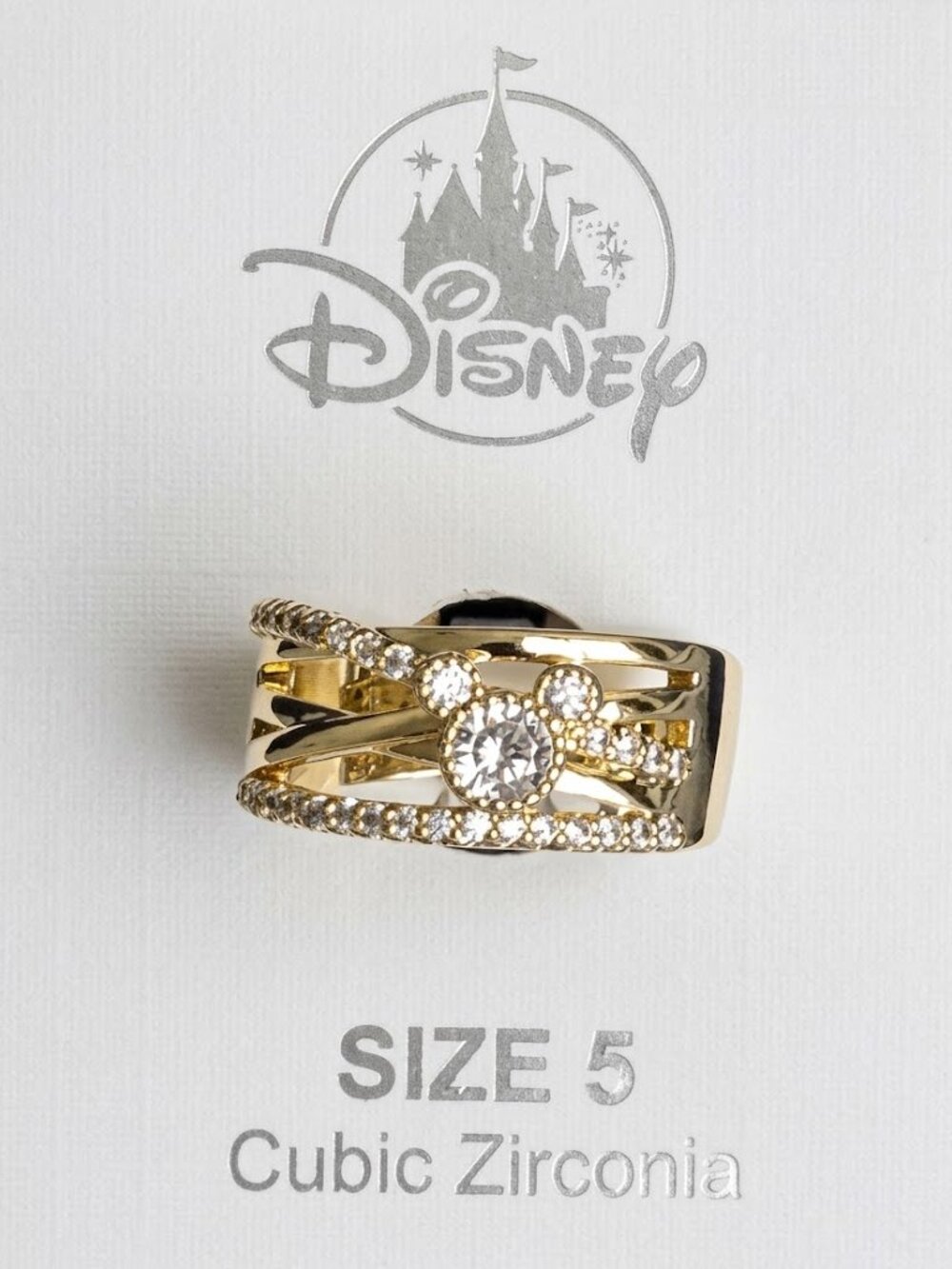Mickey Mouse Gold Tone Crisscross Ring - Size 5 - Cubic Zirconia BNWT